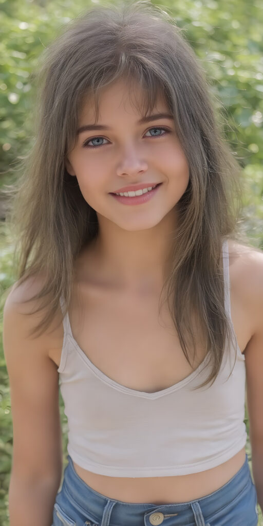 realistic and detailed photo from a young stunning gorgeous girl, short cropped tank top, deep v-neck, jeans pants, smile, long soft jet hair, natural green sunny backdrop