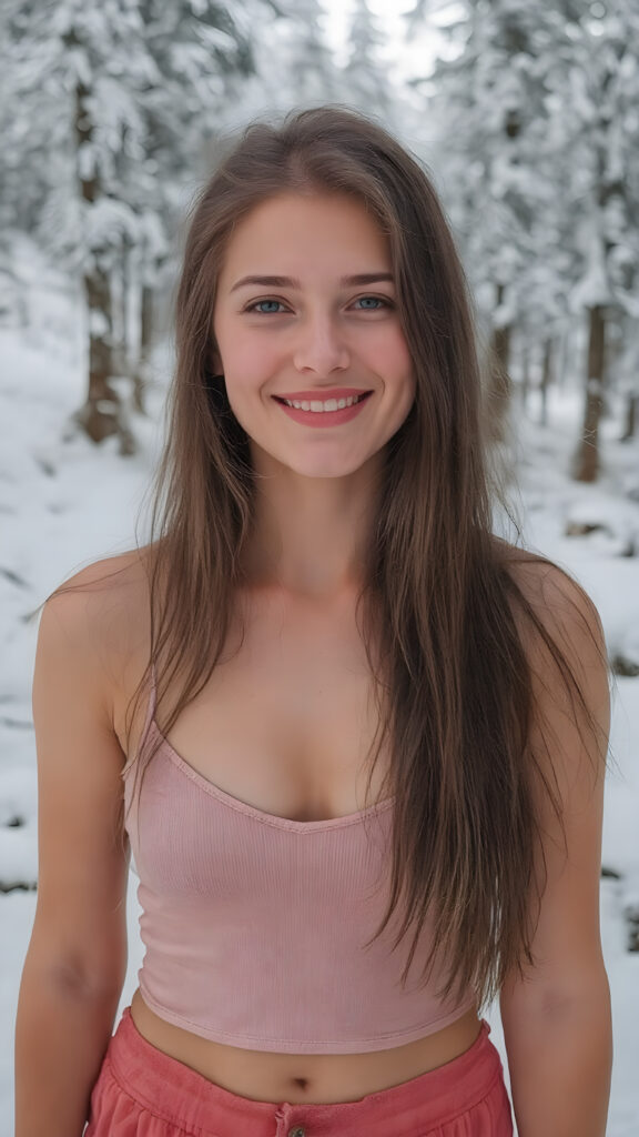 realistic and detailed vacation photo capturing a very happy well busty girl, 18 years old, she wears a thin short cropped spaghetti tank top pared with a short round mini skirt, very long straight jet soft brown hair, deep v-neck, upper body, (in the background is a cold, snowy white forest, snow-covered mountains