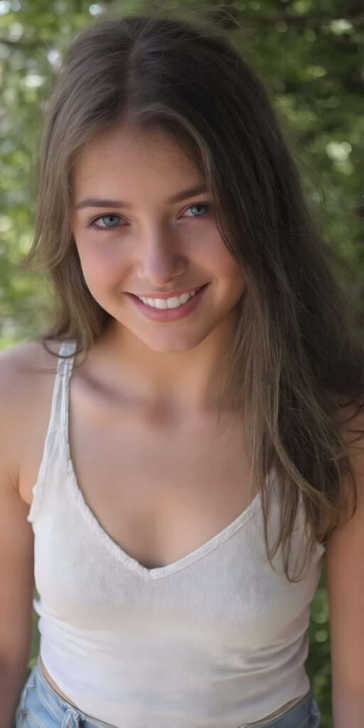 realistic and detailed photo from a young stunning gorgeous girl, short cropped tank top, deep v-neck, jeans pants, smile, long soft jet hair, natural green sunny backdrop