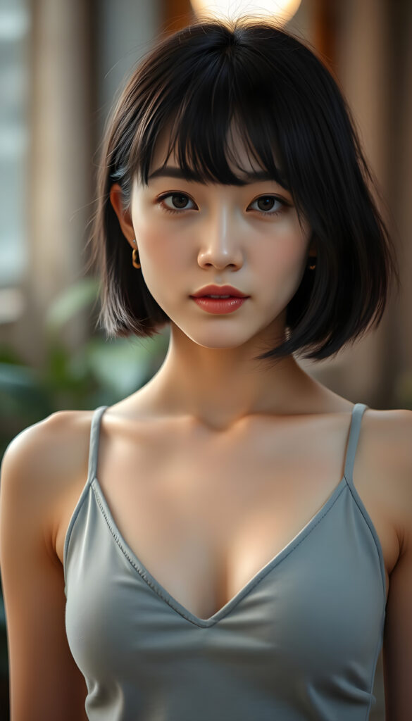a stunning beautiful natural busty girl, black hair, bob cut, Korean styled bangs, wears a light grey plain cropped tank top, perfect curved female body, soft skin, round face, kissable lips