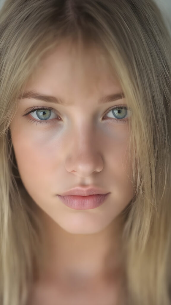 show me a stunning and gorgeous girl. The girl has beautiful long straight soft hair. Her hair falls gently over her upper body. She has beautiful, shiny realistic green eyes, flawless skin and a pouty mouth. Make the photo very realistic.