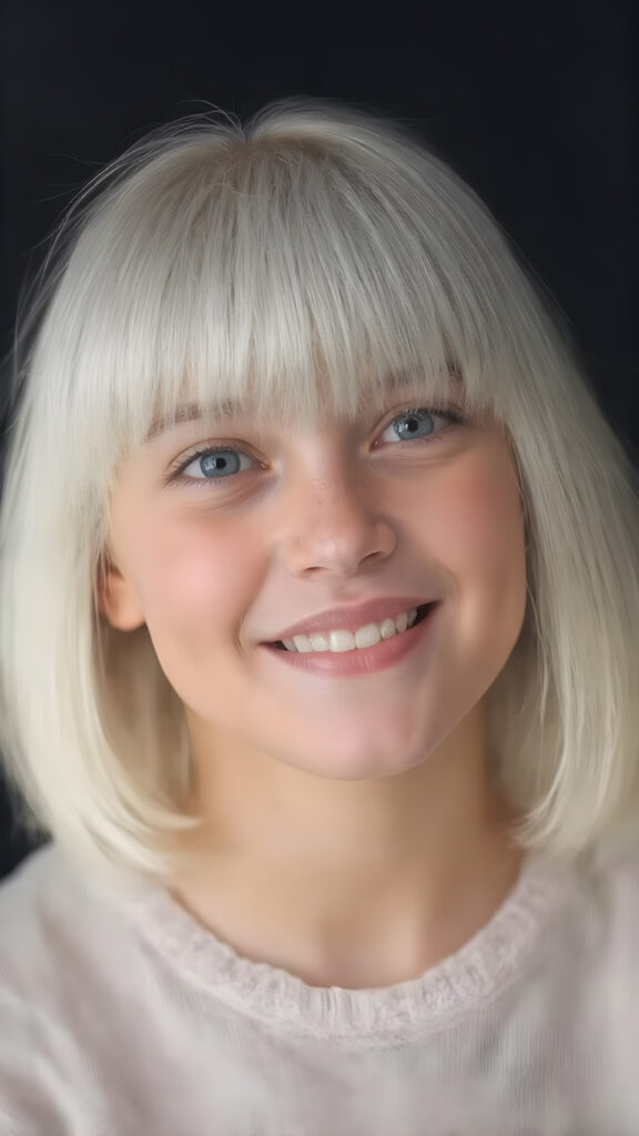 ((stunning)) ((gorgeous)) a beautiful silver-skinned very young teen girl, perfect studio photo, portrait, perfect curved body, round face, realistic fine straight platinum snow white hair, bangs and bob, full kissable lips, wears a white thin sweater, dark background, warm smile, realistic, smile white teeth, she is so innocent, looking up to the viewer, open mouth