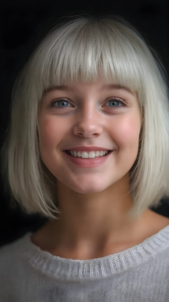 ((stunning)) ((gorgeous)) a beautiful silver-skinned very young teen girl, perfect studio photo, portrait, perfect curved body, round face, realistic fine straight platinum snow white hair, bangs and bob, full kissable lips, wears a white thin sweater, dark background, warm smile, realistic, smile white teeth, she is so innocent, looking up to the viewer, open mouth