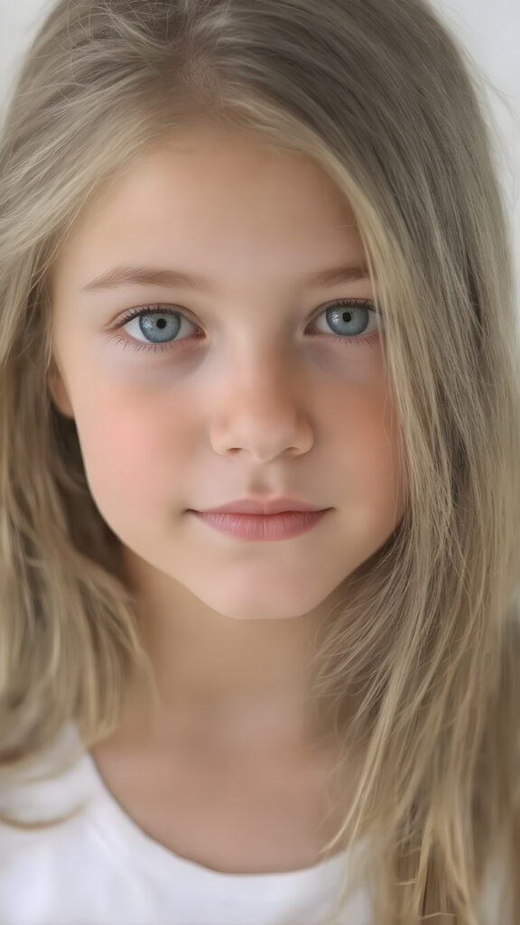 super realistic, detailed portrait, a beautiful young girl with long soft strong hair, looks sweetly into the camera, she wears a white t-shirt