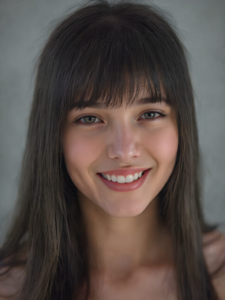 super realistic, 4k, detailed and round face, cute teen girl, super realistic and detailed long straight black hair like steel, styled bangs, looks at the camera, (centered portrait shot), smile very happy, she has detailed amber eyes and eyeliner, perfect body, full red lips, perfect skin, warm smile open mouth and white teeth, all against a grey backdrop