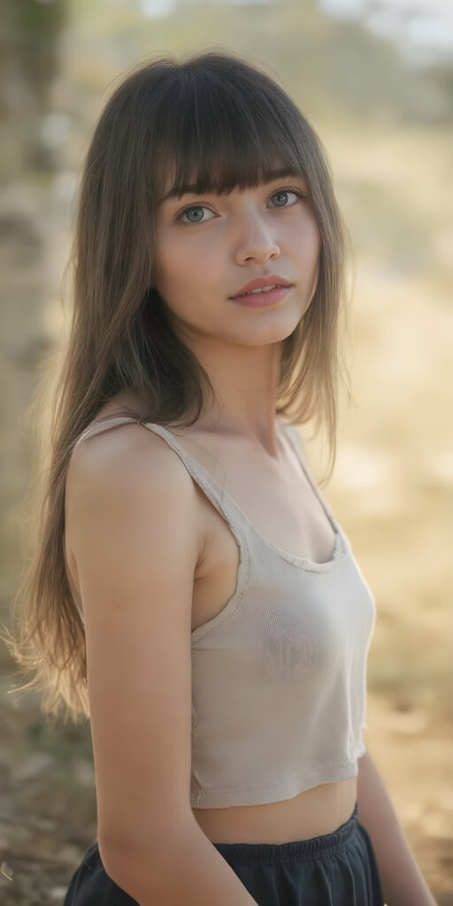 super realistic and detailed photo, a beautiful young teen girl, with (long, straight, jet soft hair, bangs), (full body view, with a slightly turned head, looking up into the camera), she wears an (thigh-length) short cropped tank top (that perfectly complements her youthful figure) paired with a round short black mini skirt, the lighting is soft and warm, highlighting her natural beauty and the intricate details of her dress, all against a sunny backdrop in nature, ((the camera is slightly sideways at half height))