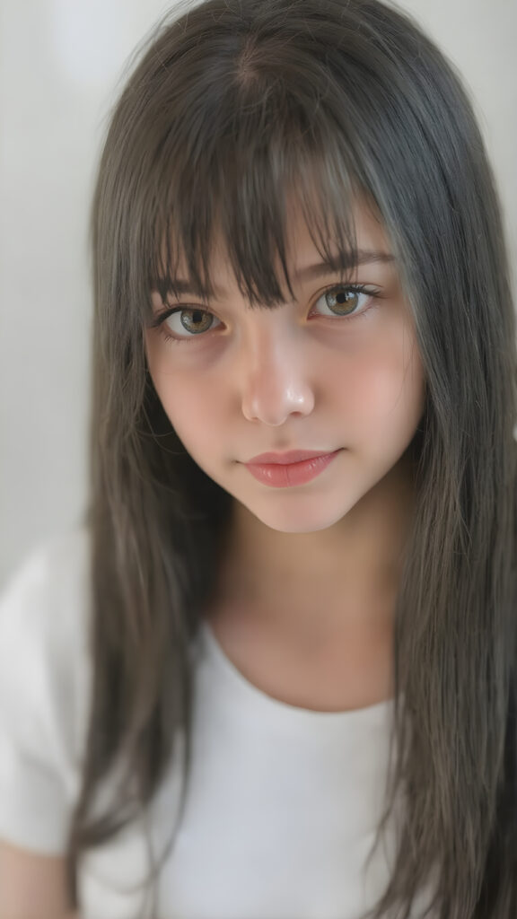 super realistic, detailed portrait, a beautiful young teen girl with long soft straight black hair bangs, round face, looks sweetly into the camera, she wears a short white t-shirt