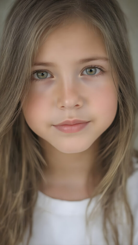 super realistic, detailed portrait, a beautiful young girl with long soft strong hair, looks sweetly into the camera, she wears a white t-shirt
