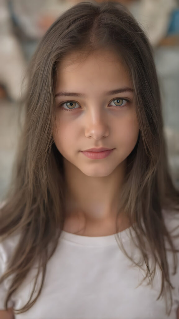 super realistic, detailed portrait, a beautiful young girl with long obsidian hair looks sweetly into the camera. She wears a white t-shirt.
