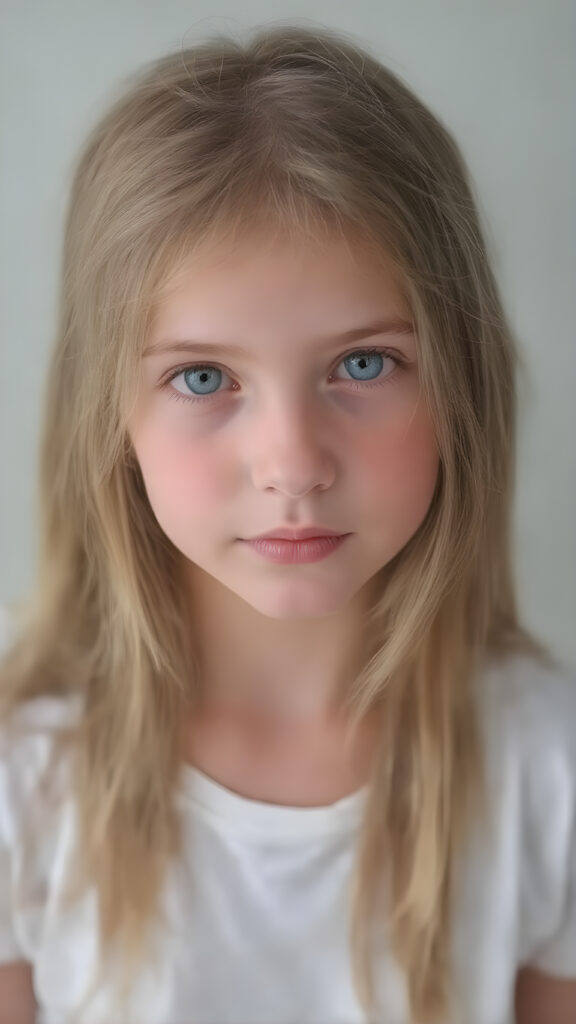 super realistic, detailed portrait, a beautiful young girl with long soft strong hair, looks sweetly into the camera, she wears a white t-shirt
