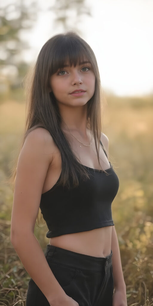 super realistic and detailed photo, a beautiful young teen girl, with (long, straight, jet soft hair, bangs), (full body view, with a slightly turned head, looking up into the camera), she wears an (thigh-length) short cropped tank top (that perfectly complements her youthful figure) paired with a round short black mini skirt, the lighting is soft and warm, highlighting her natural beauty and the intricate details of her dress, all against a sunny backdrop in nature, ((the camera is slightly sideways at half height))