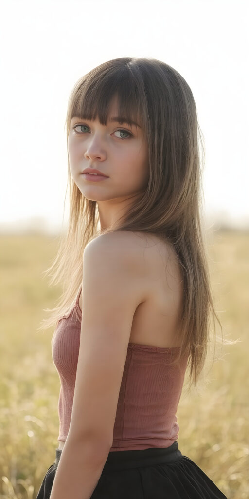 super realistic and detailed photo, a beautiful young teen girl, with (long, straight, jet soft hair, bangs), (full body view, with a slightly turned head, looking up into the camera), she wears an (thigh-length) short cropped tank top (that perfectly complements her youthful figure) paired with a round short black mini skirt, the lighting is soft and warm, highlighting her natural beauty and the intricate details of her dress, all against a sunny backdrop in nature, ((the camera is slightly sideways at half height))