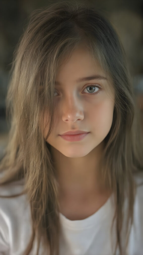 super realistic, detailed portrait, a beautiful young girl with long obsidian hair looks sweetly into the camera. She wears a white t-shirt.
