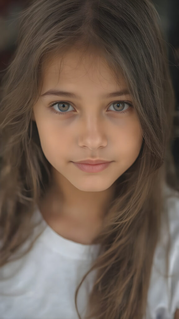 super realistic, detailed portrait, a beautiful young girl with long obsidian hair looks sweetly into the camera. She wears a white t-shirt.