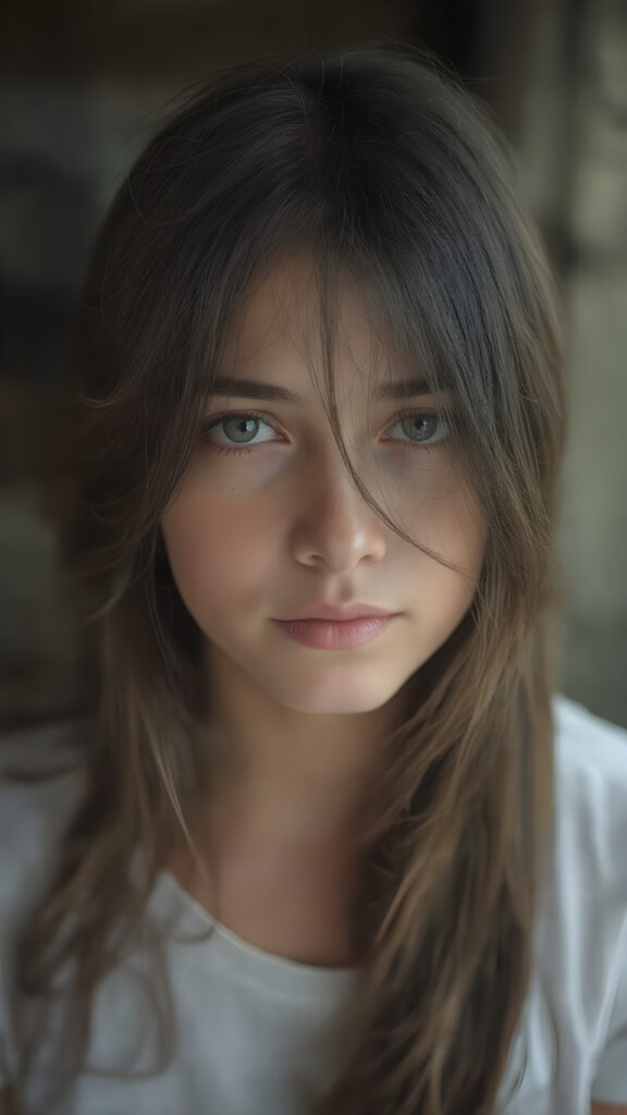 super realistic, detailed portrait, a beautiful young girl with long obsidian hair looks sweetly into the camera. She wears a white t-shirt.