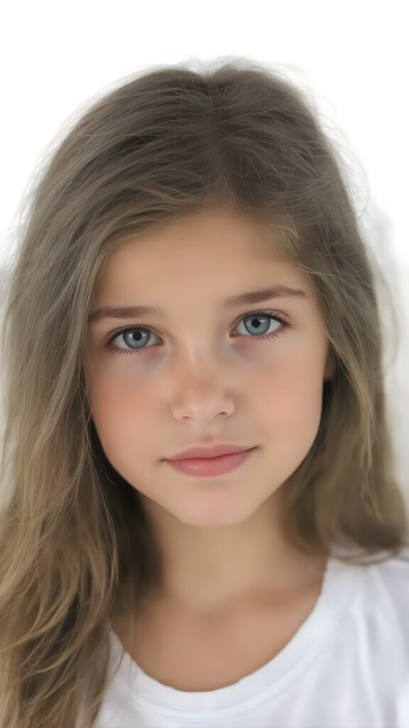 super realistic, detailed portrait, a beautiful young girl with long soft strong hair, looks sweetly into the camera, she wears a white t-shirt