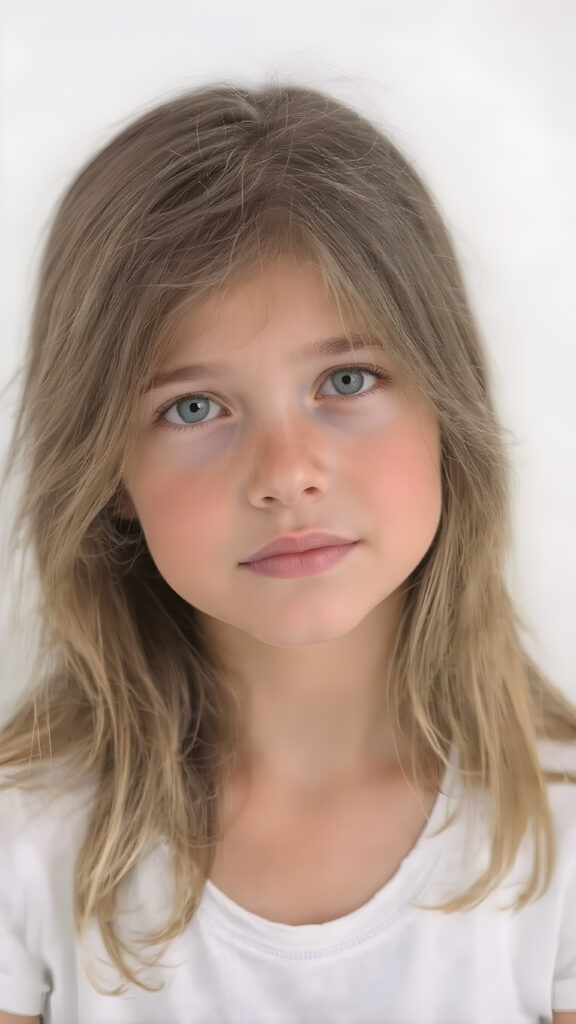 super realistic, detailed portrait, a beautiful young girl with long soft strong hair, looks sweetly into the camera, she wears a white t-shirt