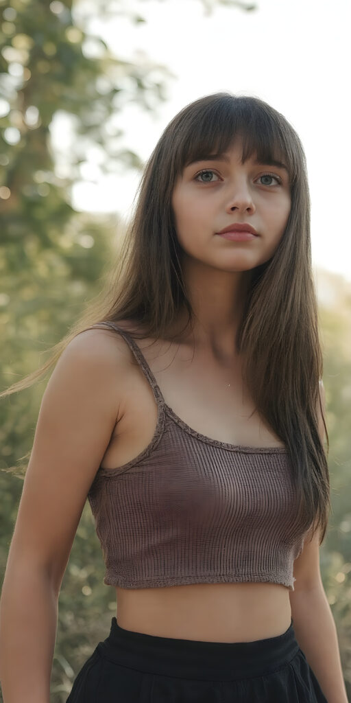 super realistic and detailed photo, a beautiful young teen girl, with (long, straight, jet soft hair, bangs), (full body view, with a slightly turned head, looking up into the camera), she wears an (thigh-length) short cropped tank top (that perfectly complements her youthful figure) paired with a round short black mini skirt, the lighting is soft and warm, highlighting her natural beauty and the intricate details of her dress, all against a sunny backdrop in nature, ((the camera is slightly sideways at half height))