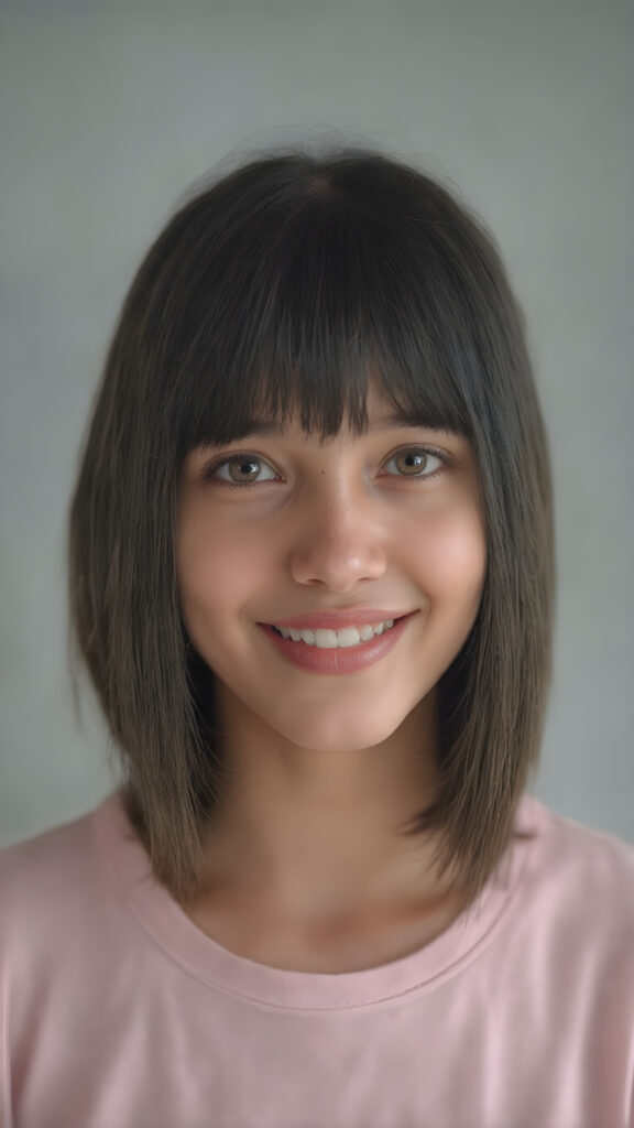 super realistic, 4k, detailed and round face, cute teen girl, ((super realistic and detailed straight black hair like steel)), styled bangs and bob, looks at the camera, (centered portrait shot), smile very happy, she has detailed amber eyes and eyeliner, perfect body, full red lips, perfect skin, warm smile open mouth and white teeth, all against a grey backdrop, the girl wears a short, thin light pink t-shirt, perfect fit female body