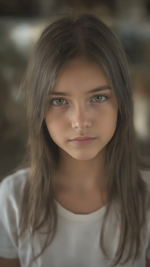 super realistic, detailed portrait, a beautiful young girl with long obsidian hair looks sweetly into the camera. She wears a white t-shirt.