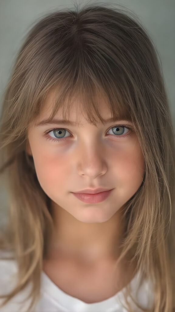 super realistic, detailed portrait, a beautiful young girl with long soft strong hair, looks sweetly into the camera, she wears a white t-shirt