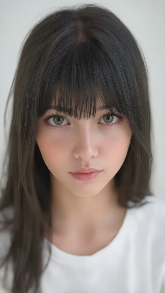 super realistic, detailed portrait, a beautiful young teen girl with long soft straight black hair bangs, round face, looks sweetly into the camera, she wears a short white t-shirt