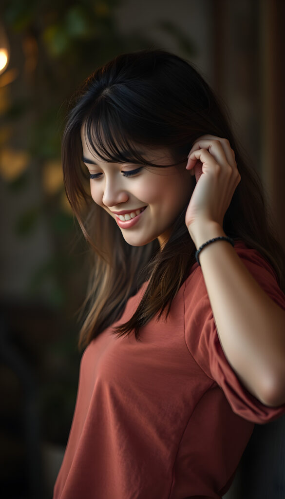 tall smiling teen girl exuding strength and femininity looking down with her left hand on her hip and her right hand in her hair wearing rolled up sleeves