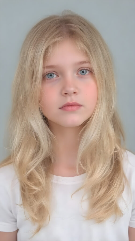 this young girl has beautiful long soft summer blond wavy hair, it falls over her shoulders and has a silky sheen, she wears a white cropped t-shirt, round face, full lips, beautiful eyes, all against a plain grey backdrop