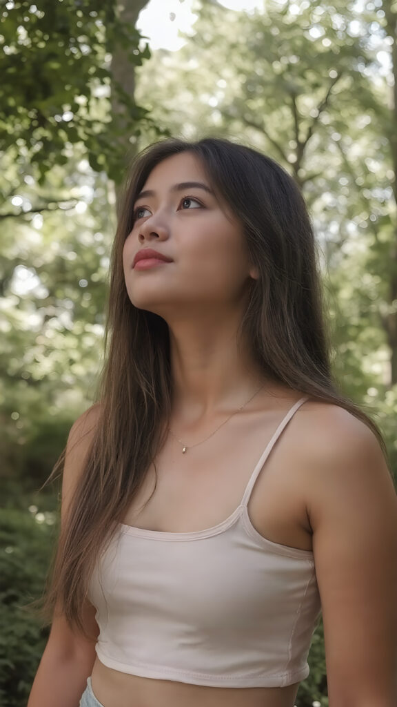 upper body, a young adult teen girl in a green, sunny park, wearing a light, thin cropped tank top. She is looking up at the sky. Her long, straight hair falls down her back, side, she has a perfect curved body