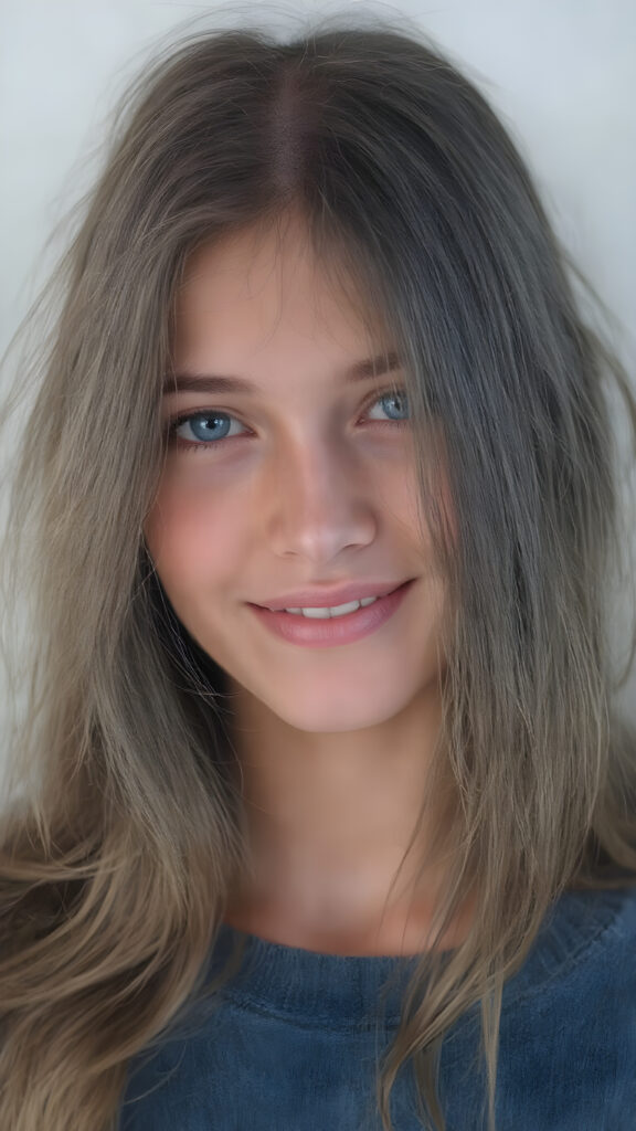 upper body portrait from a (((beautiful young girl, radiates a happiness, warm smile with white teeth))), age 17, with flowing, (((soft long straight brown hair))), gentle and inviting (((dark blue eyes))), that convey a sense of innocence and wonder, paired with delicate, ((almond skin)), which gives off a faintly pink glow, accompanied by full, softly rosy lips, that emit a warm, friendly smile. She is dressed in a sleek, ((blue sweater made of fine wool)), looks directly at the viewer in a (full body shot), exuding just the right amount of youthful charm, ((view from the side))