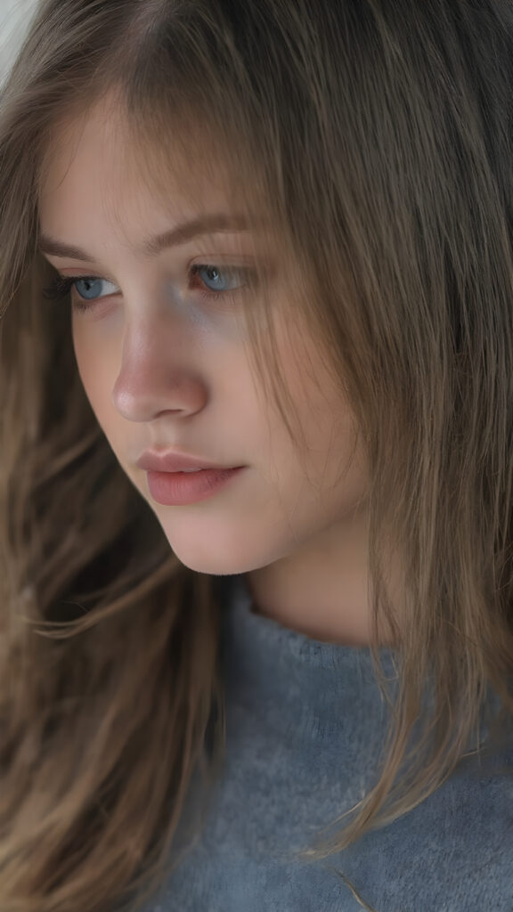 upper body portrait from a (((beautiful young girl))), age 17, with flowing, (((soft long straight brown hair))), that convey a sense of innocence and wonder, paired with delicate, ((almond skin)), which gives off a faintly pink glow. She is dressed in a sleek, ((blue sweater made of fine wool)), exuding just the right amount of youthful charm, ((view from the side))