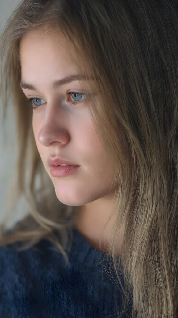 upper body portrait from a (((beautiful young girl))), age 17, with flowing, (((soft long straight brown hair))), that convey a sense of innocence and wonder, paired with delicate, ((almond skin)), which gives off a faintly pink glow. She is dressed in a sleek, ((blue sweater made of fine wool)), exuding just the right amount of youthful charm, ((view from the side))