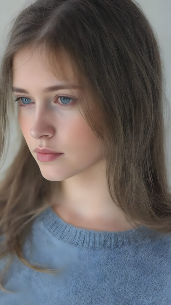 upper body portrait from a (((beautiful young girl))), age 17, with flowing, (((soft long straight brown hair))), that convey a sense of innocence and wonder, paired with delicate, ((almond skin)), which gives off a faintly pink glow. She is dressed in a sleek, ((blue sweater made of fine wool)), exuding just the right amount of youthful charm, ((view from the side))