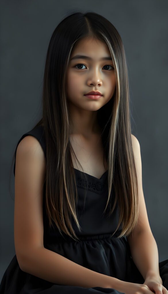 (upper body shot, seated) show me a innocent young girl, dark dressed, straight silky open fine hair, grey photo studio background