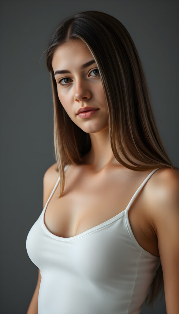 (upper body shot) a young adult well busty girl with straight, silky brown hair with white highlights, same length right and left, the hair falls elegant over her body, in a photo studio, her gentle expression conveying innocence. She is dressed in a white, tight-fitting camisole, deep neck that accentuates her perfect feminine body and that contrasts beautifully with the grey backdrop. Soft, diffused lighting highlights her features, creating a serene and timeless atmosphere. The studio's minimalist background ensures that the focus remains on her, enhancing the image's purity and tranquility