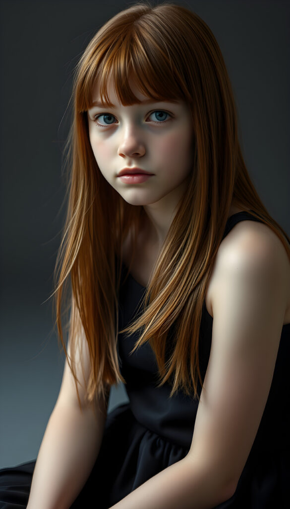 (upper body shot, seated) show me a innocent young girl, dark dressed, straight silky open fine hair, grey photo studio background