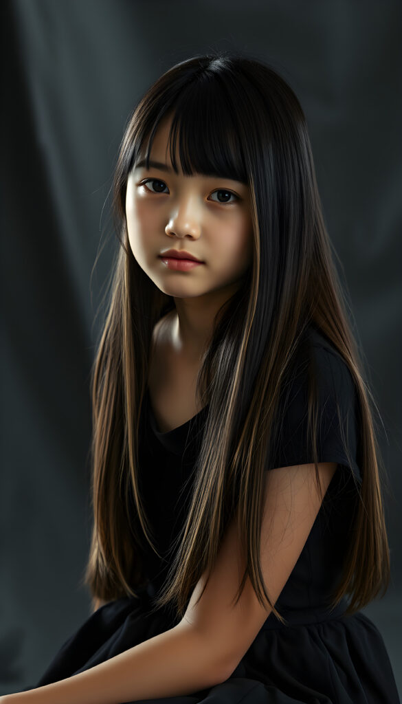 (upper body shot, seated) show me a innocent young girl, dark dressed, straight silky open fine hair, grey photo studio background