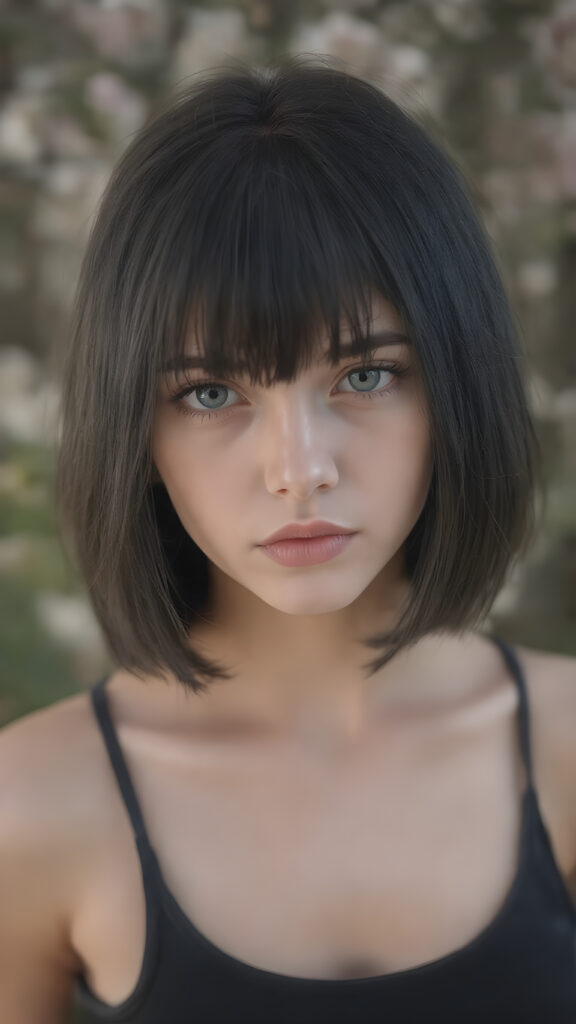 (((visualize a 3d picture))) of a (((cute teen girl))) with a ((((shoulder-length soft obsidian black straight hair)))), which perfectly styled and framed her face in (((side-swept bangs))), and ((piercing eyes)), accompanied by a sleek (((cropped tank top))). The scene is cropped from a (full-body view) to a (close-up of the girl), emphasizing her intricate details and expressing a sense of empathy and loneliness in the (((natural spring backdrop)))