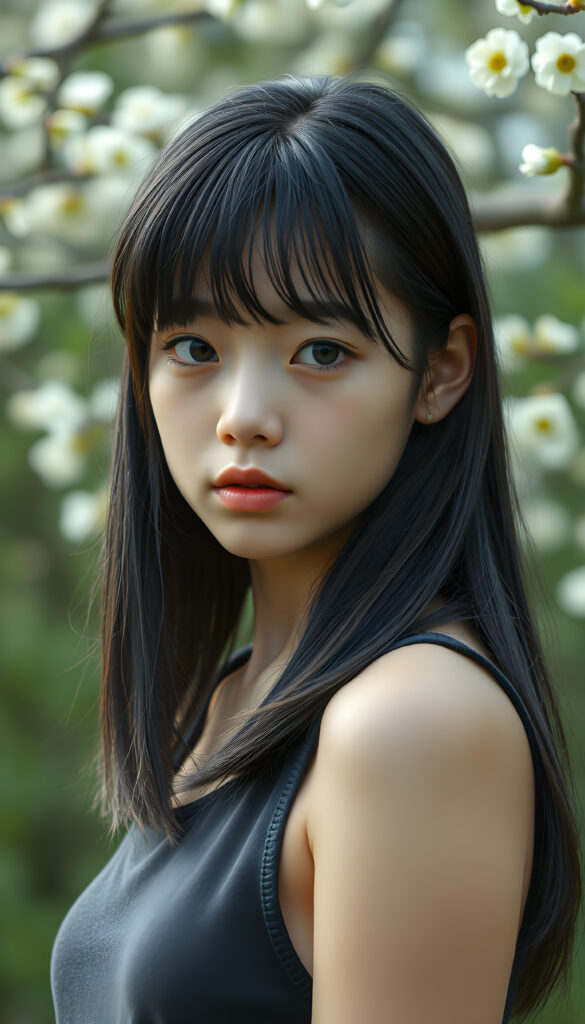 (((visualize a 3d picture))) of a (((cute teen girl))) with a ((((shoulder-length soft obsidian black straight hair)))), which perfectly styled and framed her face in (((side-swept bangs))), and ((piercing eyes)), accompanied by a sleek (((cropped tank top))). The scene is cropped from a (full-body view) to a (close-up of the girl), emphasizing her intricate details and expressing a sense of empathy and loneliness in the (((natural spring backdrop)))