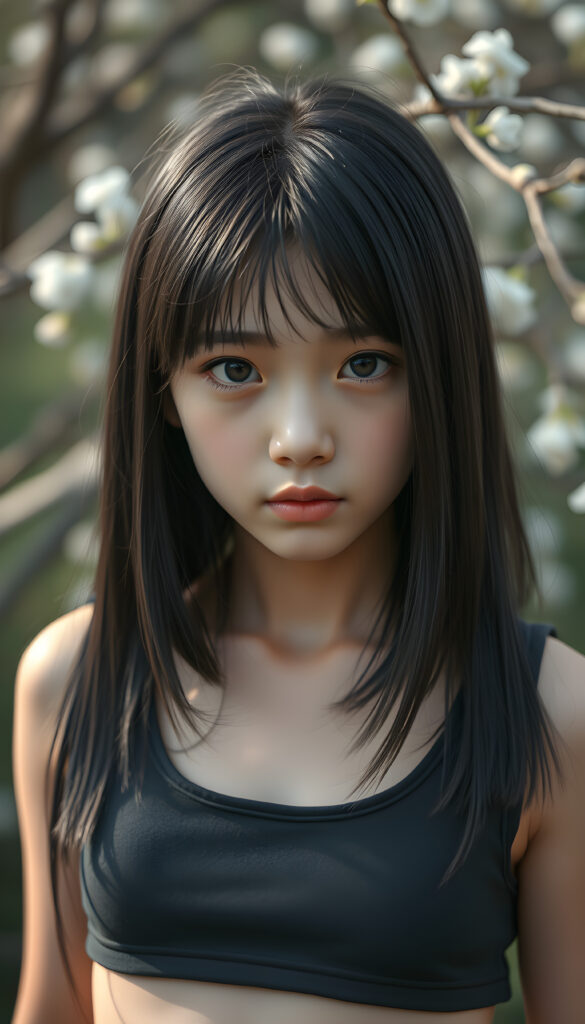 (((visualize a 3d picture))) of a (((cute teen girl))) with a ((((shoulder-length soft obsidian black straight hair)))), which perfectly styled and framed her face in (((side-swept bangs))), and ((piercing eyes)), accompanied by a sleek (((cropped tank top))). The scene is cropped from a (full-body view) to a (close-up of the girl), emphasizing her intricate details and expressing a sense of empathy and loneliness in the (((natural spring backdrop)))