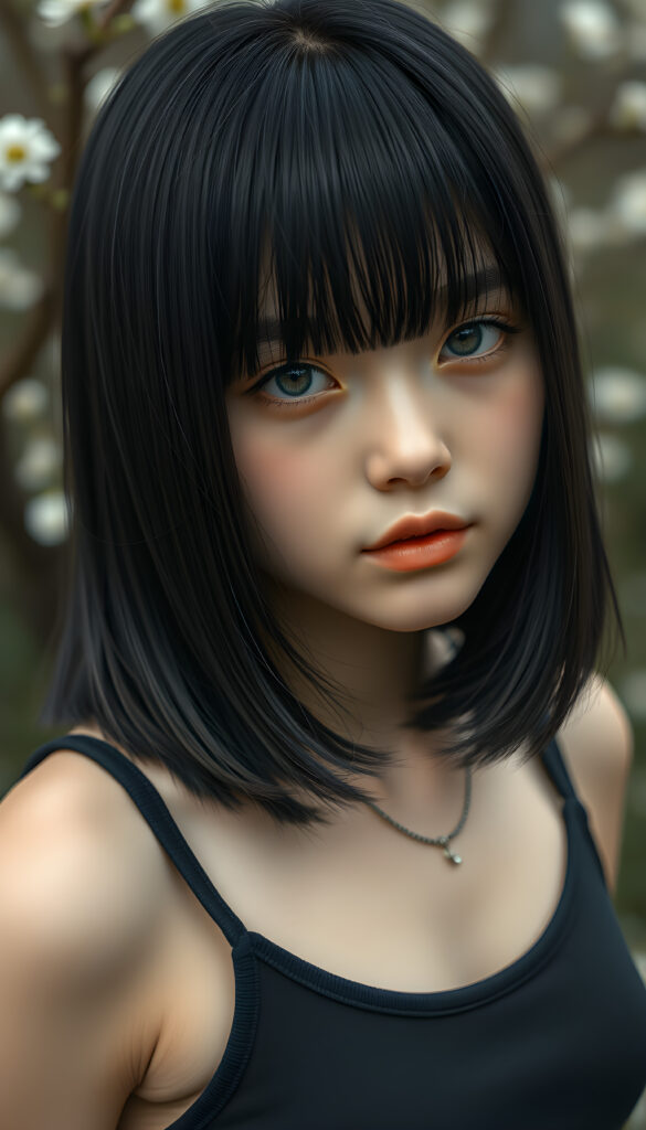 (((visualize a 3d picture))) of a (((cute teen girl))) with a ((((shoulder-length soft obsidian black straight hair)))), which perfectly styled and framed her face in (((side-swept bangs))), and ((piercing eyes)), accompanied by a sleek (((cropped tank top))). The scene is cropped from a (full-body view) to a (close-up of the girl), emphasizing her intricate details and expressing a sense of empathy and loneliness in the (((natural spring backdrop)))