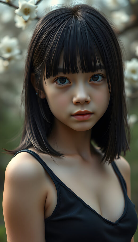 (((visualize a 3d picture))) of a (((cute teen girl))) with a ((((shoulder-length soft obsidian black straight hair)))), which perfectly styled and framed her face in (((side-swept bangs))), and ((piercing eyes)), accompanied by a sleek (((cropped tank top))). The scene is cropped from a (full-body view) to a (close-up of the girl), emphasizing her intricate details and expressing a sense of empathy and loneliness in the (((natural spring backdrop)))