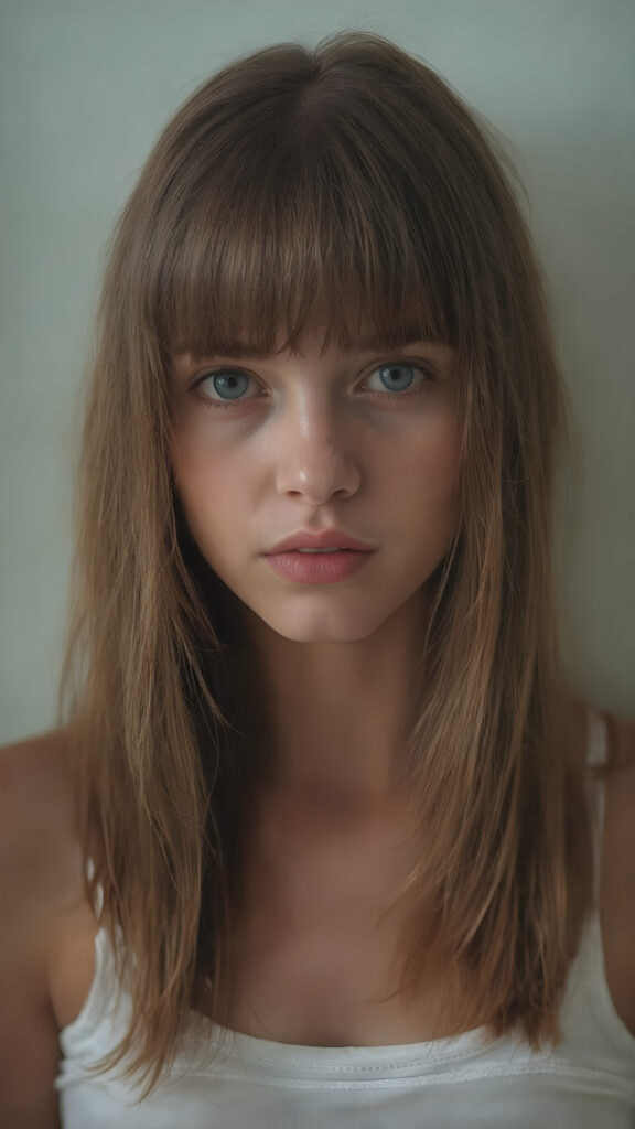 visualize a realistic picture: a detailed young and cute teen girl, with soft straight jet red hair, bangs cut frame her round face, her hair falls gently over her upper body and is the same length at both ends, exuding a sense of melancholy and loneliness, full red lips, (((white cropped short tank top)) which perfectly shaped her body), this girl looks very seductive and sad
