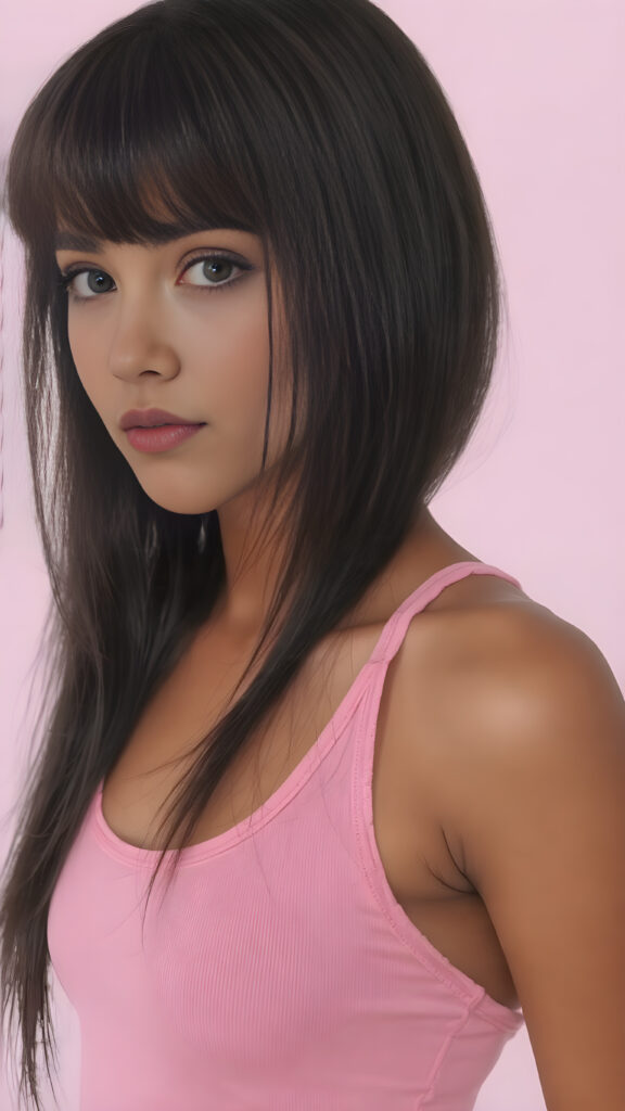 visualize an (((ultra high definition (straight soft and long black hair, bangs))) of a (((brown-skinned Exotic teen girl, 15 years old))) with a meticulously drawn (((face))) and a wonderfully precise (((curvature))) that exudes cuteness, dressed in a sleek, (((thin short crop pink tank top)). The image is captured with remarkable clarity and detail, evoking a sense of (((high resolution beauty))), as if painted by a skilled artist, drawing the viewer in to appreciate its striking splendor ((side portrait))